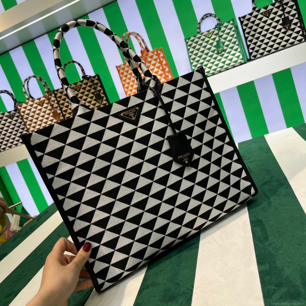 Prada 1BA356 Large Prada Symbole Jacquard Fabric Handbag Black White