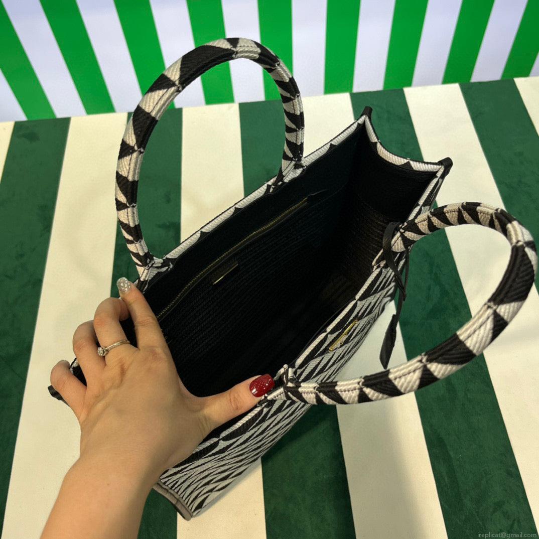 Prada 1BA356 Large Prada Symbole Jacquard Fabric Handbag Black White