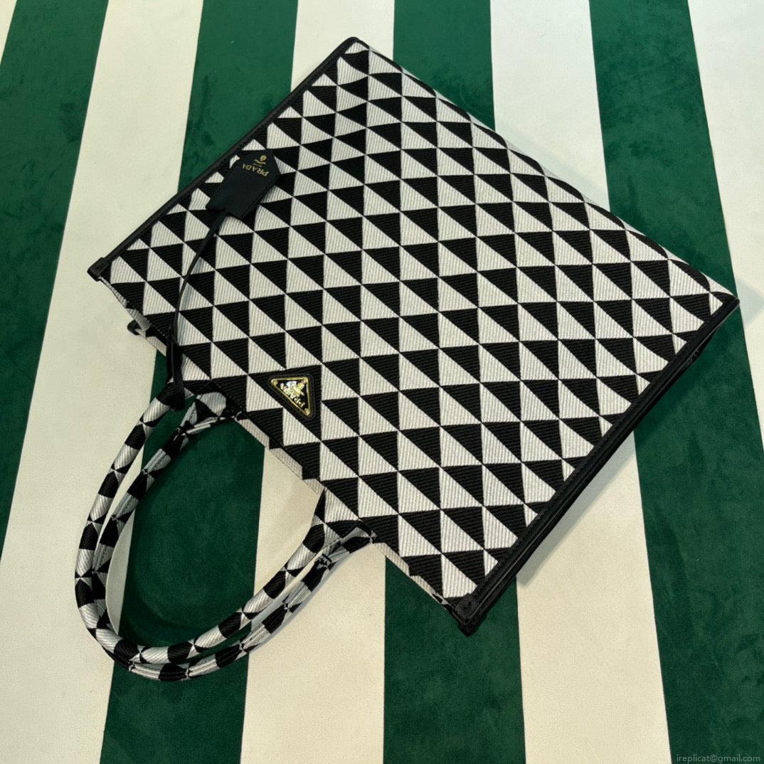 Prada 1BA356 Large Prada Symbole Jacquard Fabric Handbag Black White