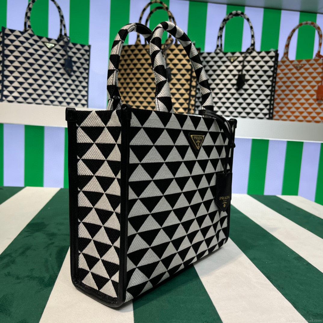 Prada 1BA354 Small Prada Symbole jacquard fabric handbag Black White