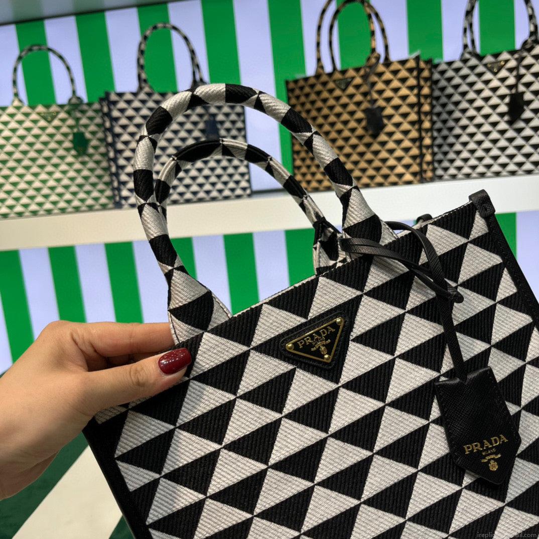 Prada 1BA354 Small Prada Symbole jacquard fabric handbag Black White