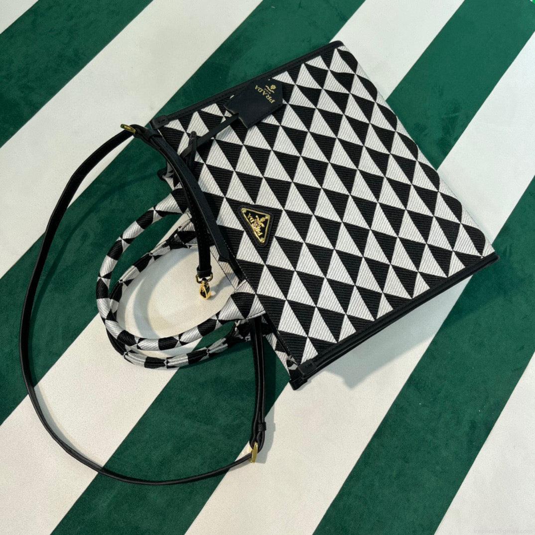Prada 1BA354 Small Prada Symbole jacquard fabric handbag Black White