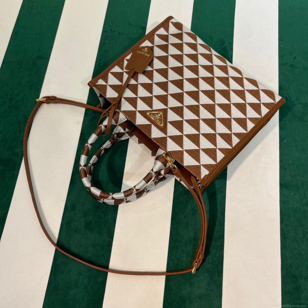 Prada 1BA354 Small Prada Symbole jacquard fabric handbag Tan White