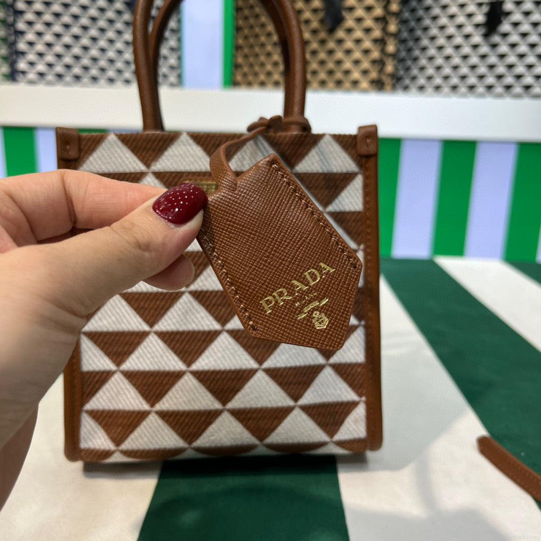 Prada 1BA355 Symbole Jacquard Fabric Micro Bag Tan White