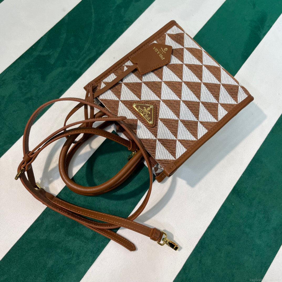 Prada 1BA355 Symbole Jacquard Fabric Micro Bag Tan White