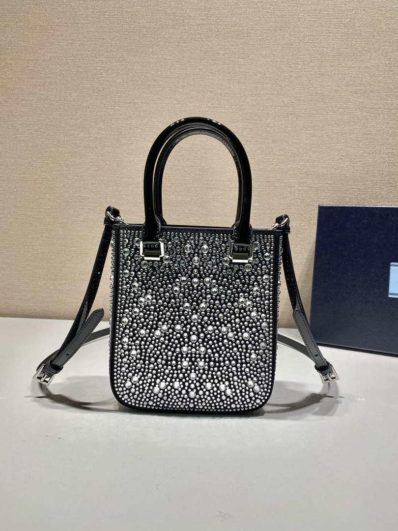 Prada 1BA331 Small satin tote bag with crystals Black