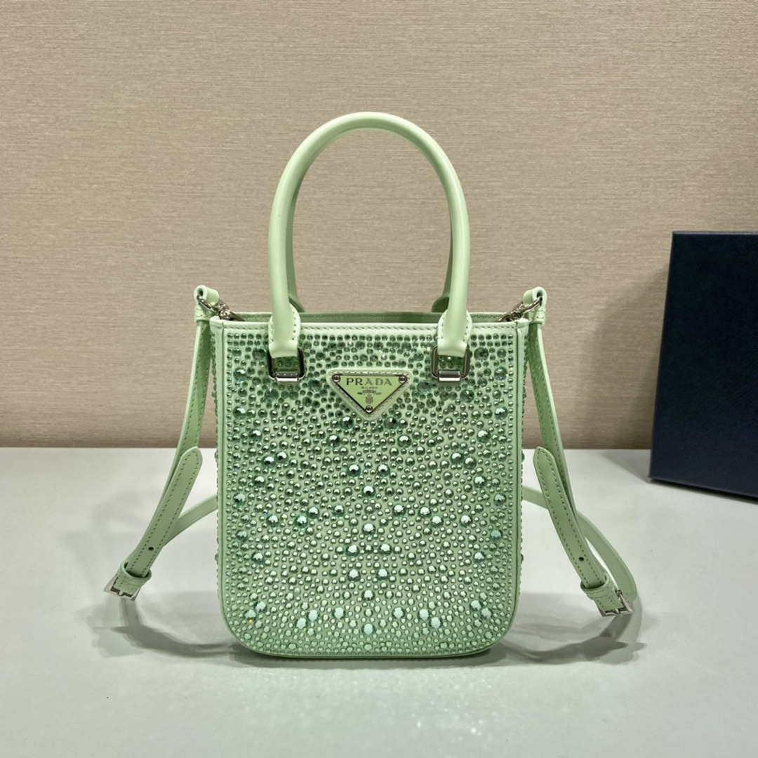 Prada 1BA331 Small satin tote bag with crystals Green