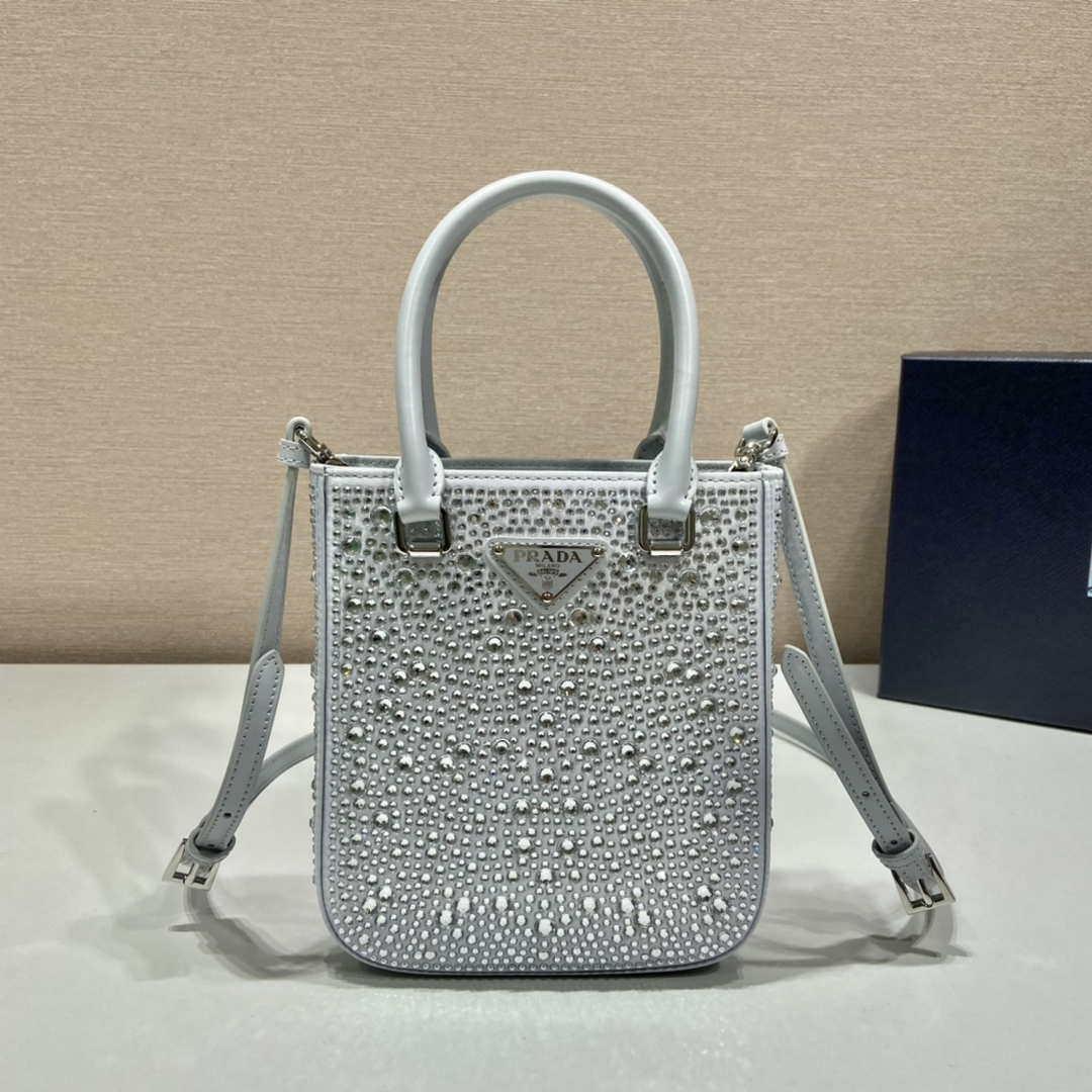 Prada 1BA331 Small satin tote bag with crystals White