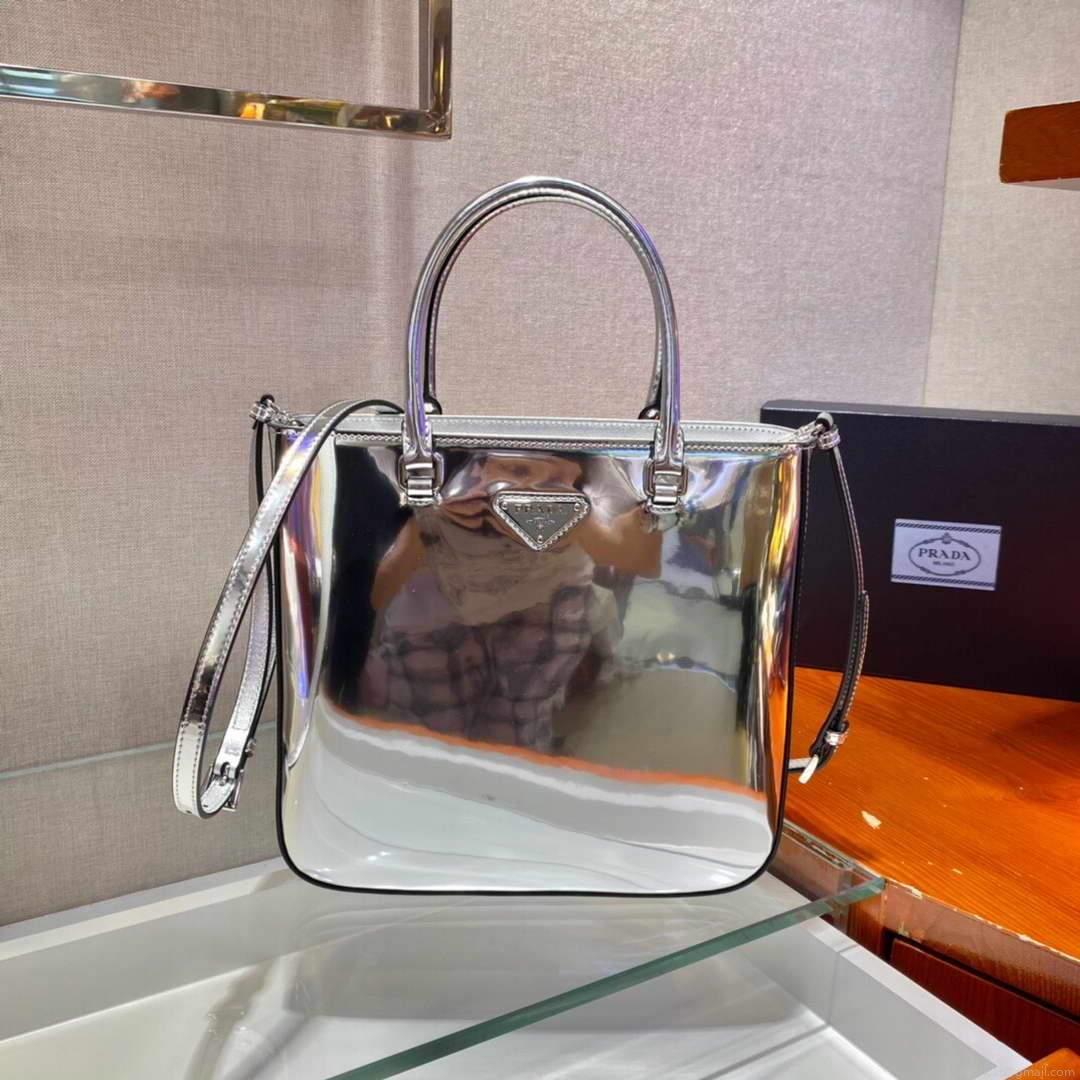 Prada 1BA330 Brushed Leather Tote Bag Silver