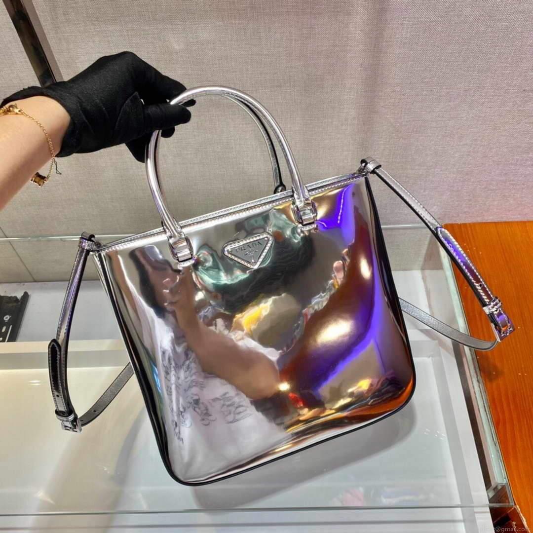 Prada 1BA330 Brushed Leather Tote Bag Silver
