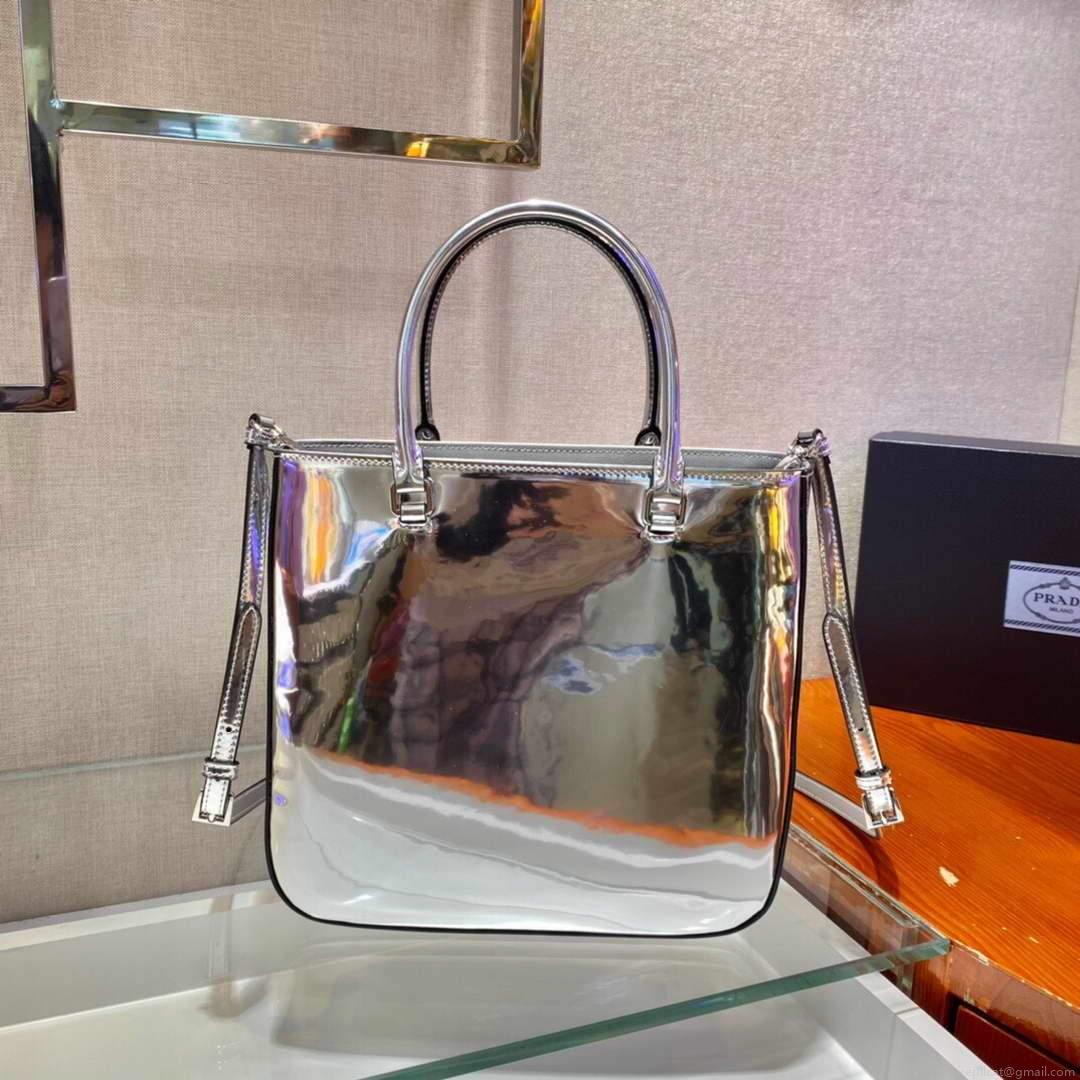 Prada 1BA330 Brushed Leather Tote Bag Silver