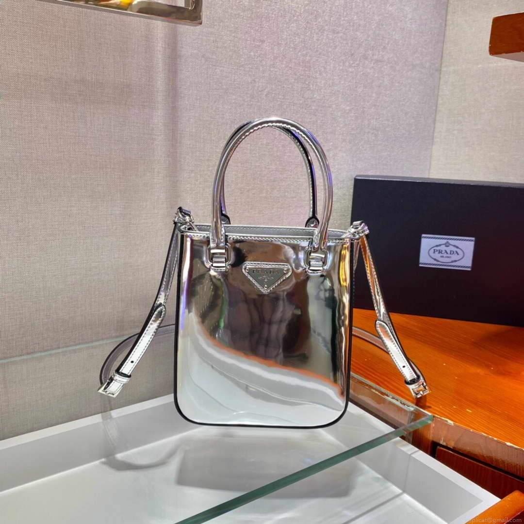 Prada 1BA331 Small Brushed Leather Tote Silver
