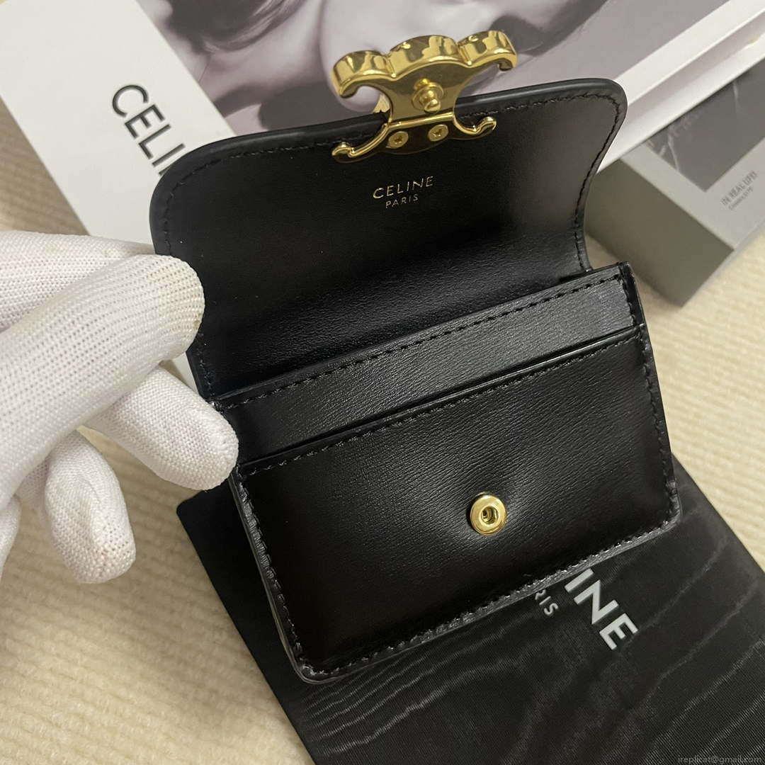 Celine 10I583 Card Holder With Flap Triomphe In Shiny Calfskin Black