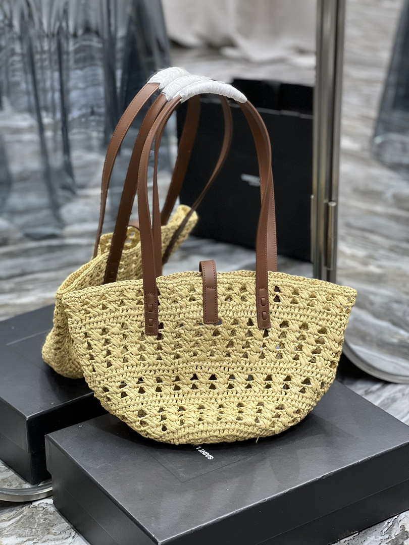 Saint Laurent 685618 YSL Panier Medium Bag In Raffia Apricot