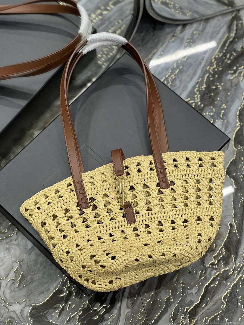 Saint Laurent 685618 YSL Panier Medium Bag In Raffia Apricot
