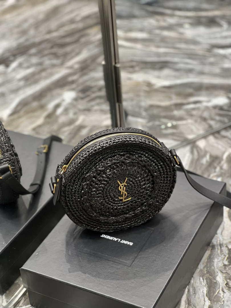 YSL 685601 Saint Laurent Sac Round Raffia Bag In Black