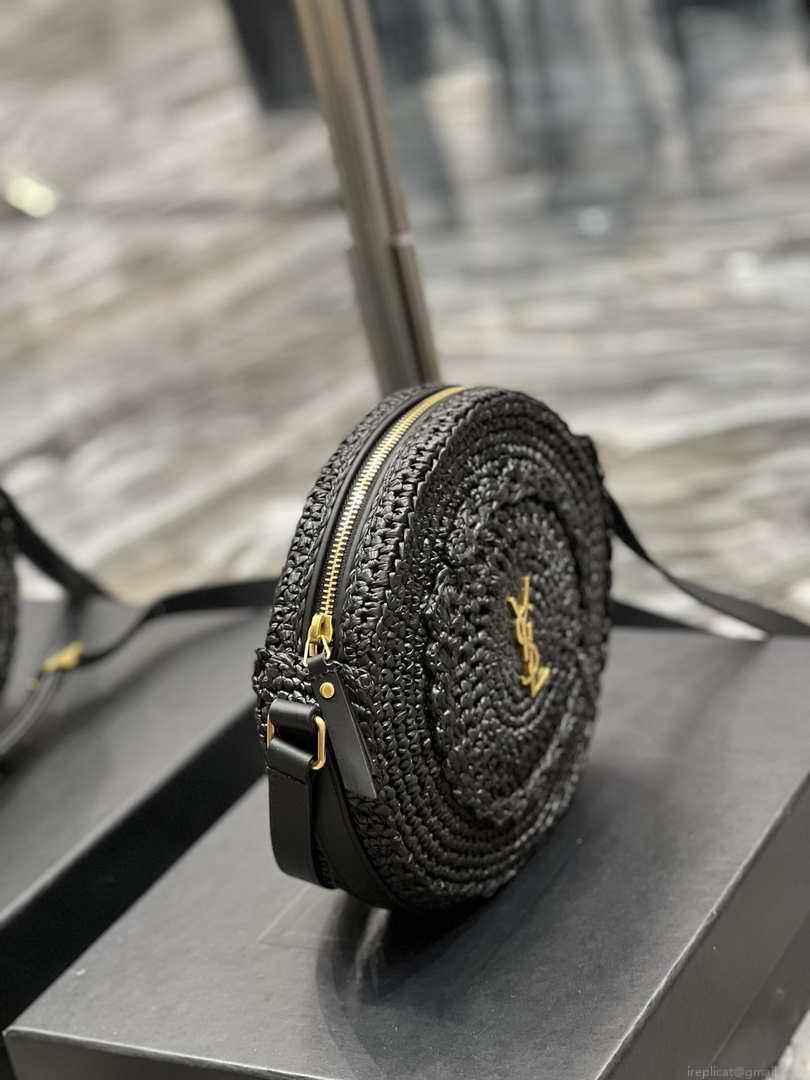 YSL 685601 Saint Laurent Sac Round Raffia Bag In Black