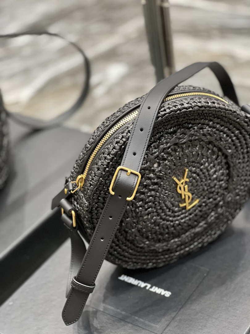 YSL 685601 Saint Laurent Sac Round Raffia Bag In Black