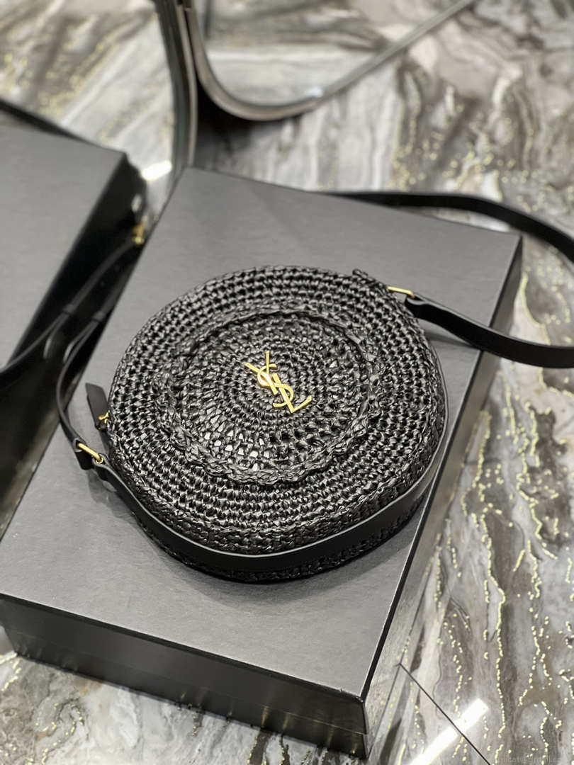 YSL 685601 Saint Laurent Sac Round Raffia Bag In Black