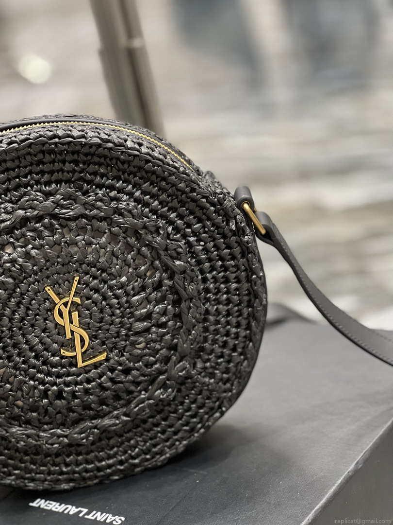 YSL 685601 Saint Laurent Sac Round Raffia Bag In Black