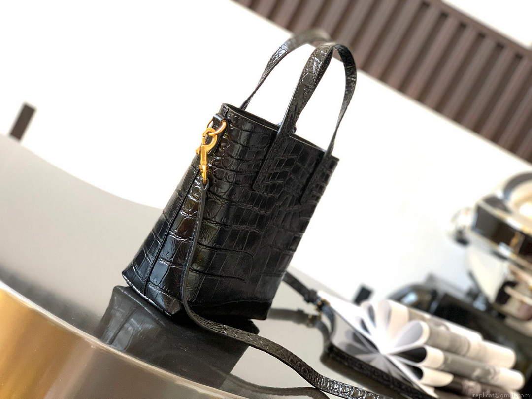 YSL 712367 Saint Laurent Paris Mini Toy Shopping In Crocodile-Embossed Leather Black