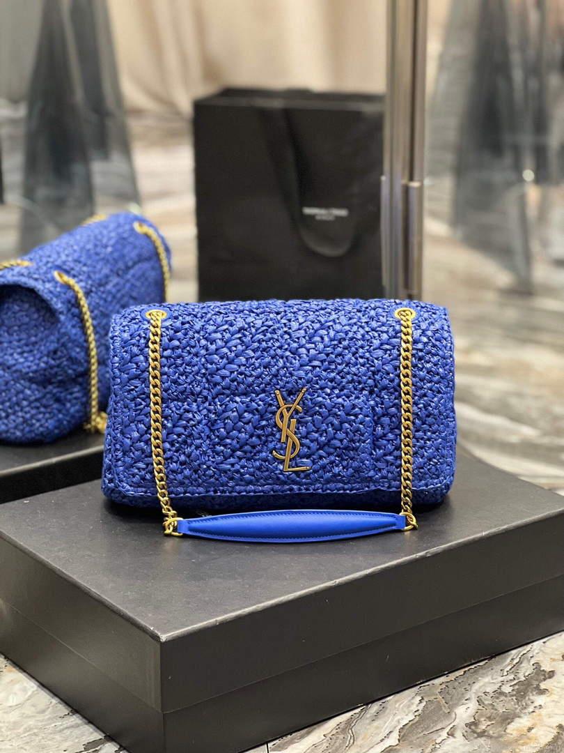 YSL 515821 Jamie Leather-Trimmed Raffia Shoulder Bag Blue