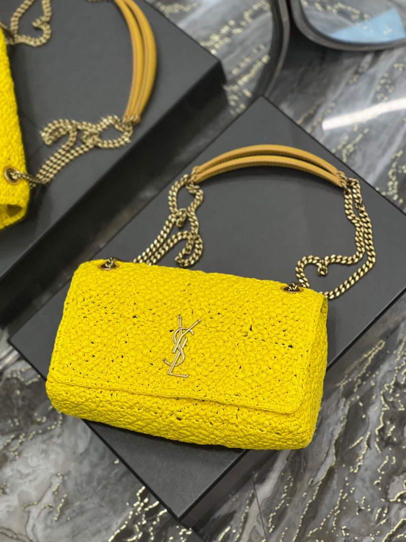 YSL 515821 Jamie Leather-Trimmed Raffia Shoulder Bag Yellow