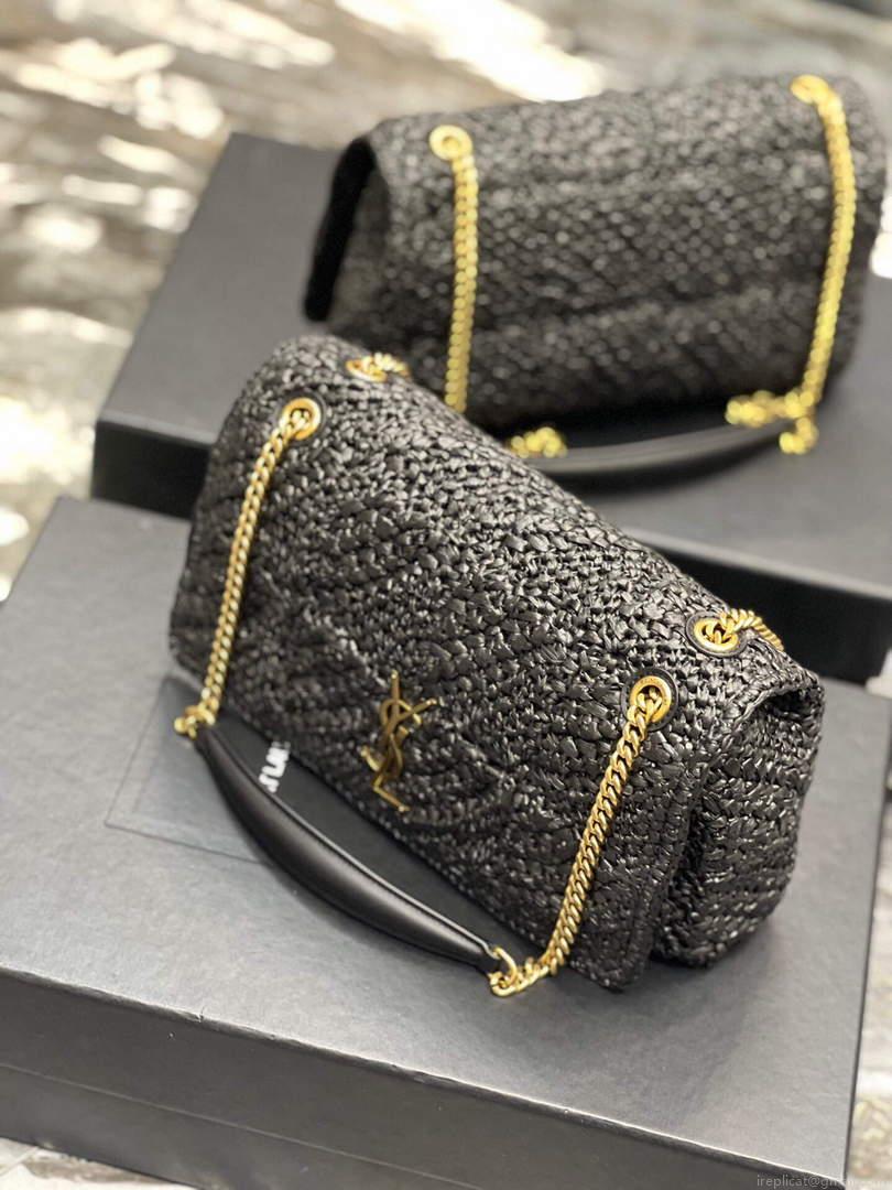 YSL 515821 Jamie Leather-Trimmed Raffia Shoulder Bag Black