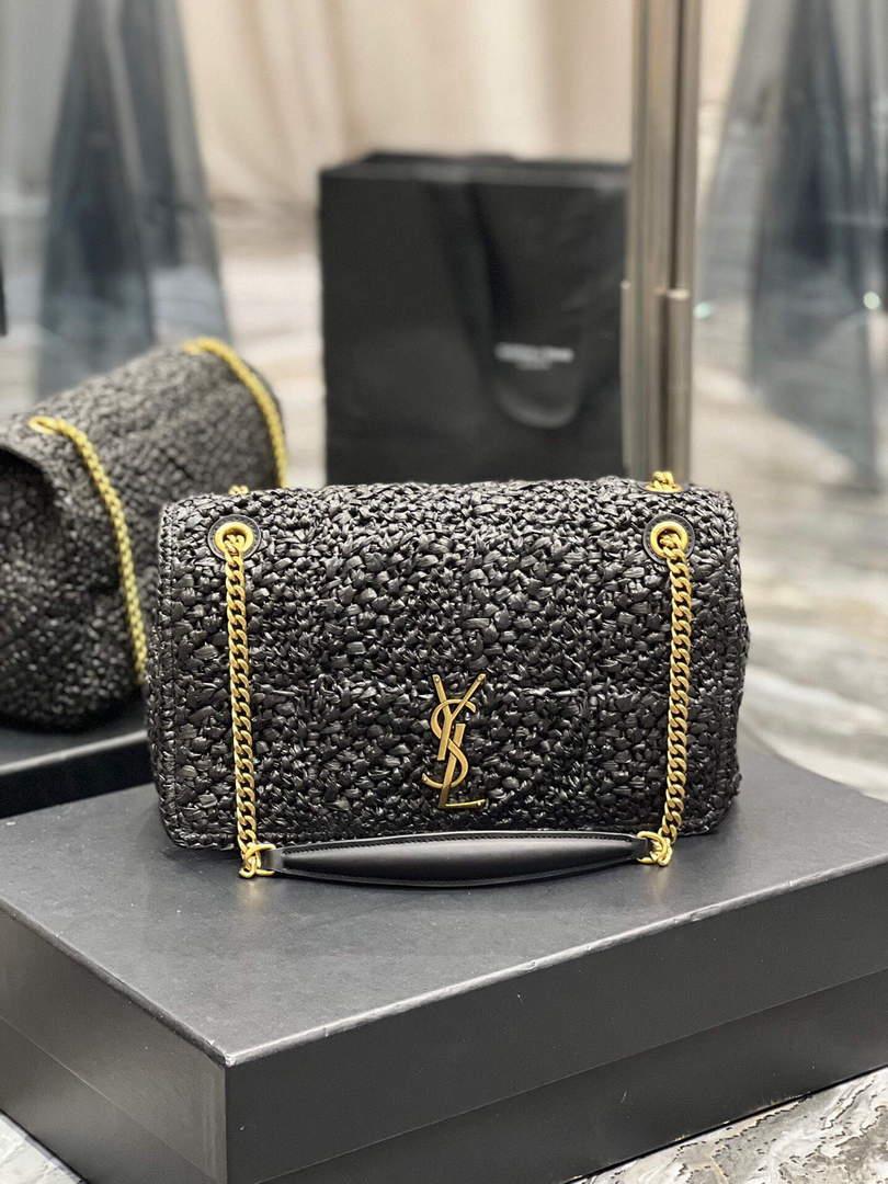 YSL 515821 Jamie Leather-Trimmed Raffia Shoulder Bag Black