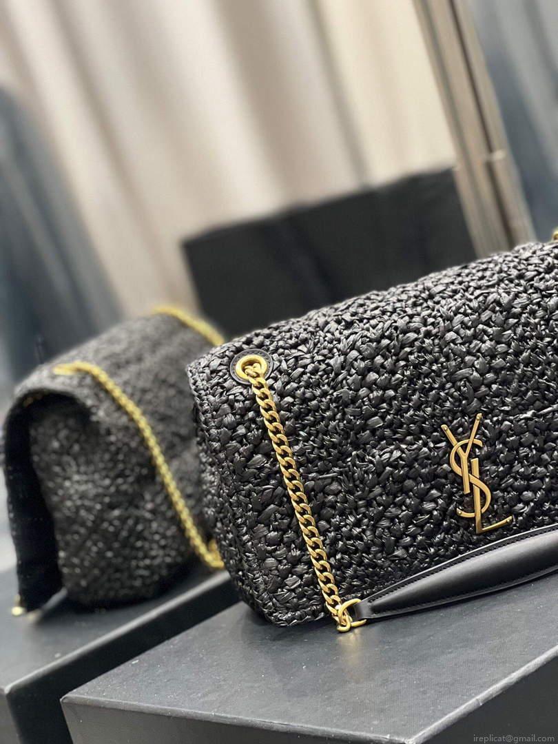 YSL 515821 Jamie Leather-Trimmed Raffia Shoulder Bag Black