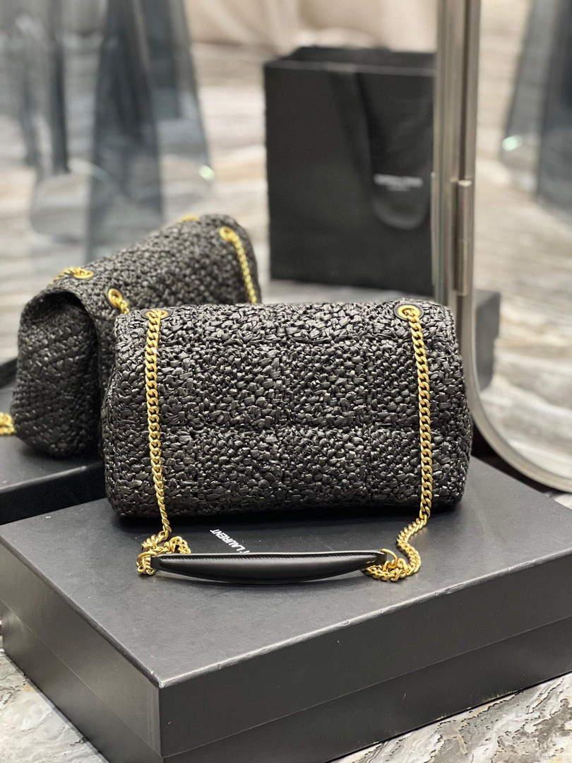 YSL 515821 Jamie Leather-Trimmed Raffia Shoulder Bag Black