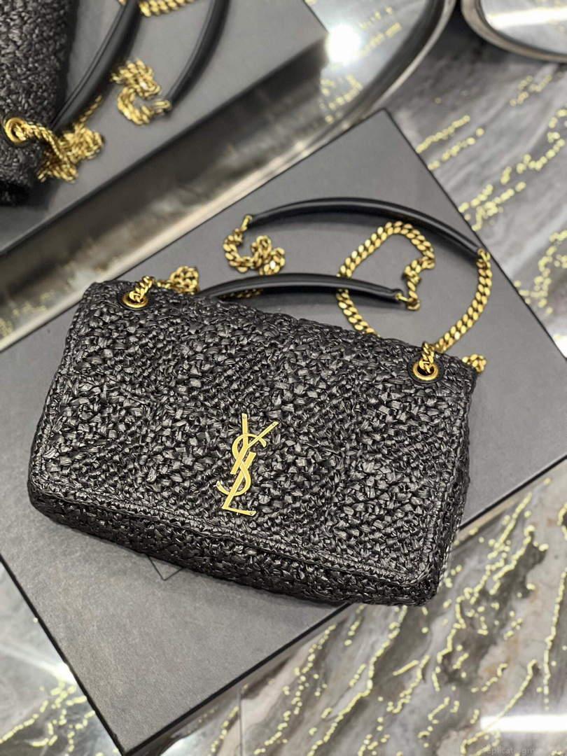 YSL 515821 Jamie Leather-Trimmed Raffia Shoulder Bag Black