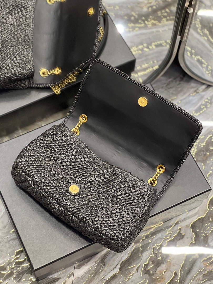 YSL 515821 Jamie Leather-Trimmed Raffia Shoulder Bag Black