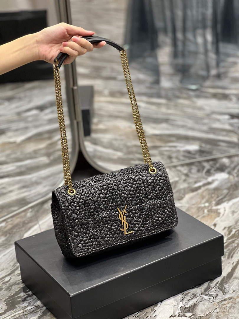YSL 515821 Jamie Leather-Trimmed Raffia Shoulder Bag Black