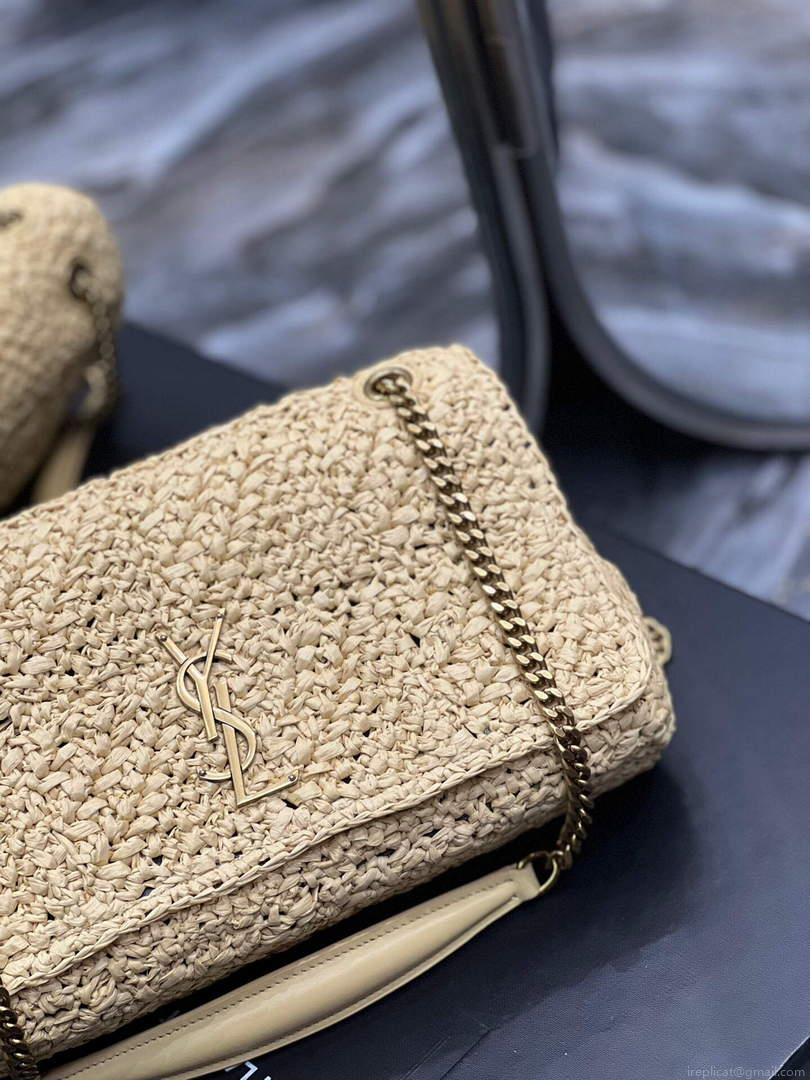 YSL 515821 Jamie Leather-Trimmed Raffia Shoulder Bag Apricot