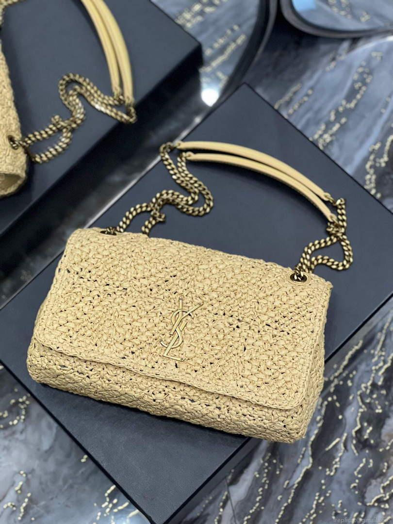 YSL 515821 Jamie Leather-Trimmed Raffia Shoulder Bag Apricot