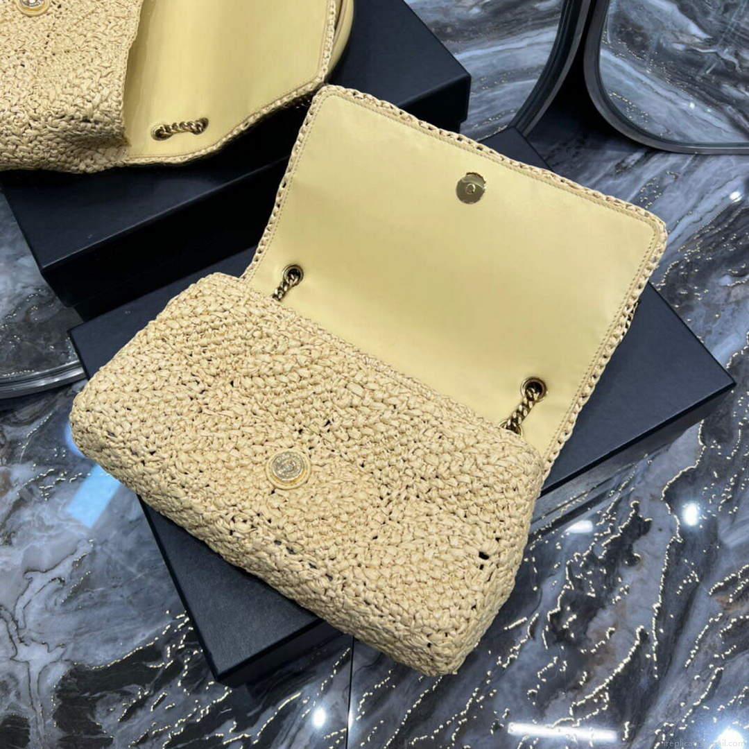 YSL 515821 Jamie Leather-Trimmed Raffia Shoulder Bag Apricot