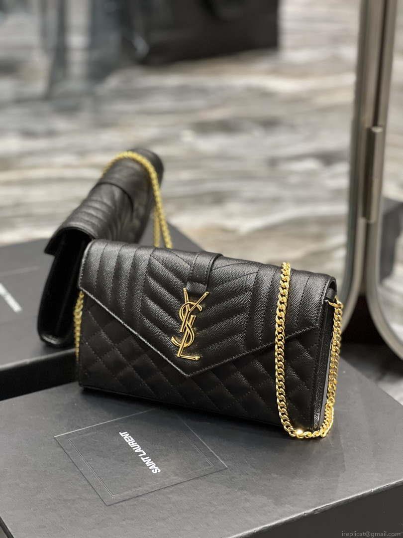 YSL 620280 Envelope Chain Wallet In Mix Matelassé Grain De Poudre Embossed Leather Black