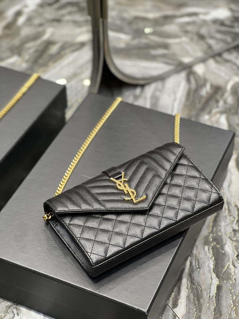 YSL 620280 Envelope Chain Wallet In Mix Matelassé Grain De Poudre Embossed Leather Black