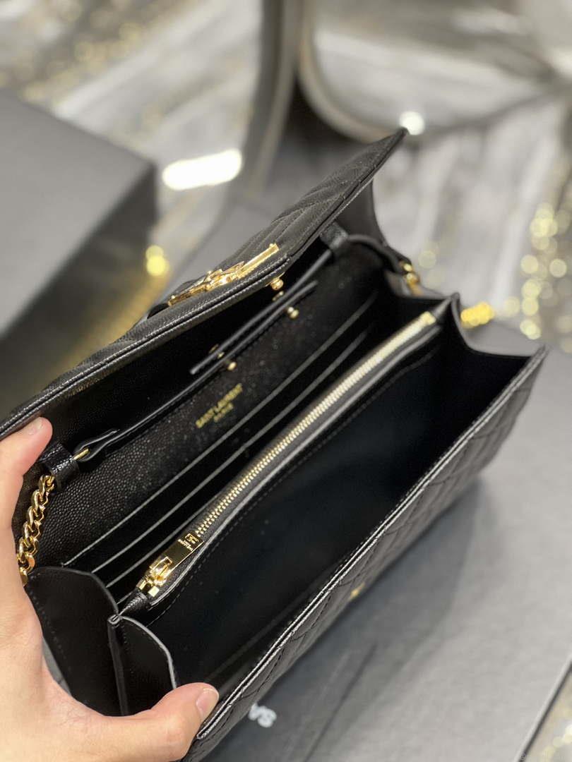 YSL 620280 Envelope Chain Wallet In Mix Matelassé Grain De Poudre Embossed Leather Black