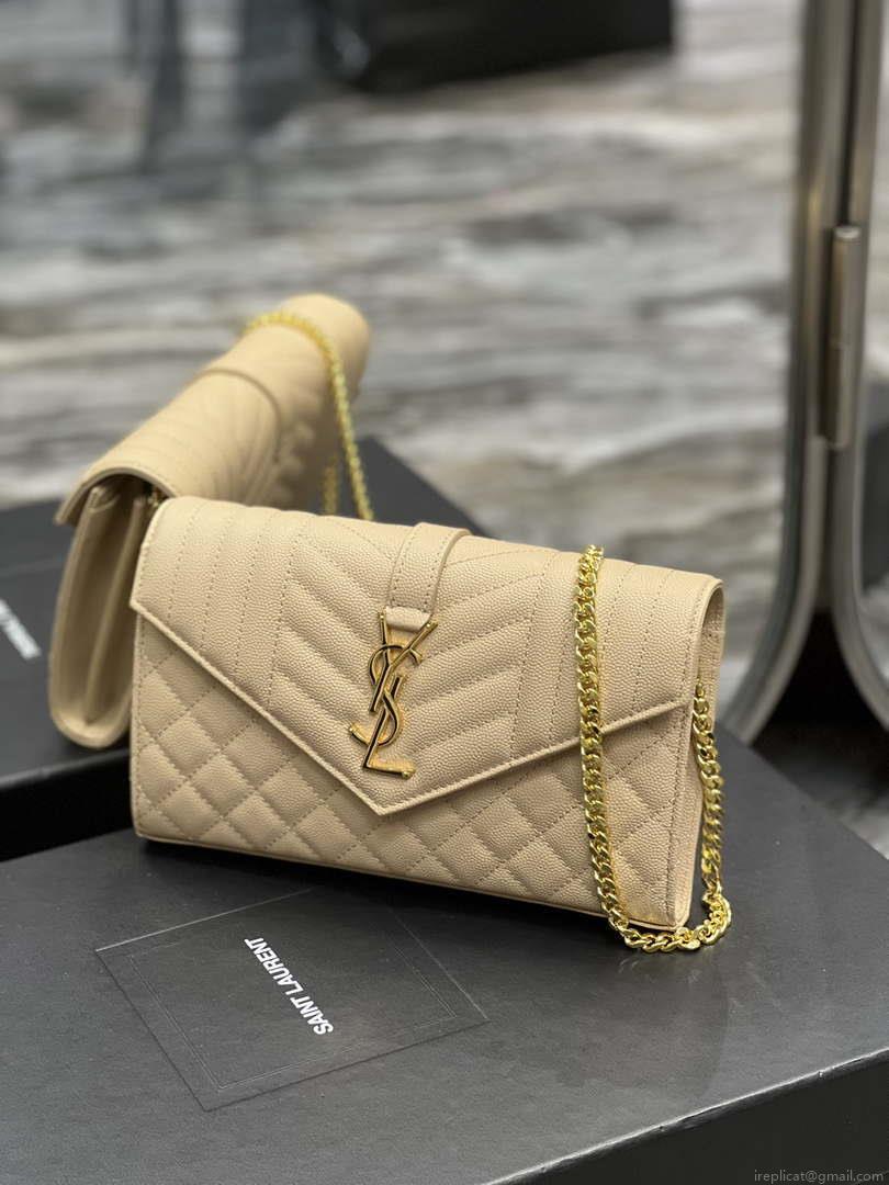 YSL 620280 Envelope Chain Wallet In Mix Matelassé Grain De Poudre Embossed Leather Apricot