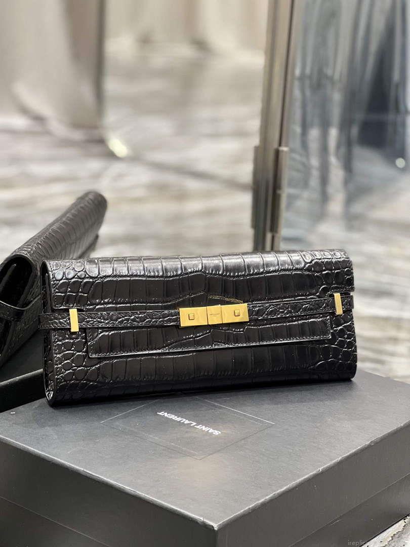 YSL 695949 Manhattan Clutch In Crocodile-Embossed Leather Black