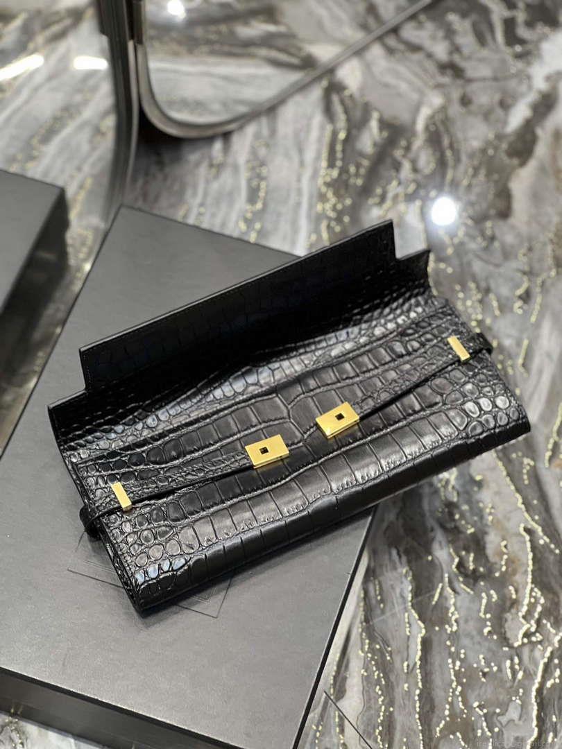 YSL 695949 Manhattan Clutch In Crocodile-Embossed Leather Black