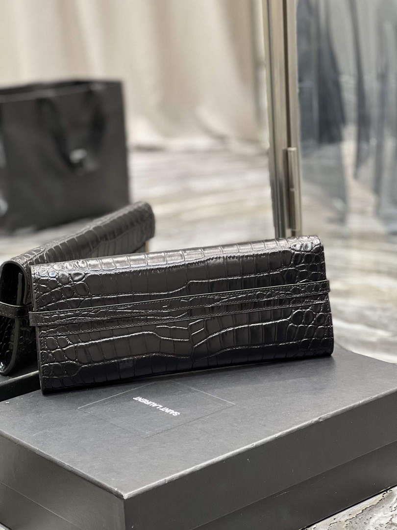 YSL 695949 Manhattan Clutch In Crocodile-Embossed Leather Black