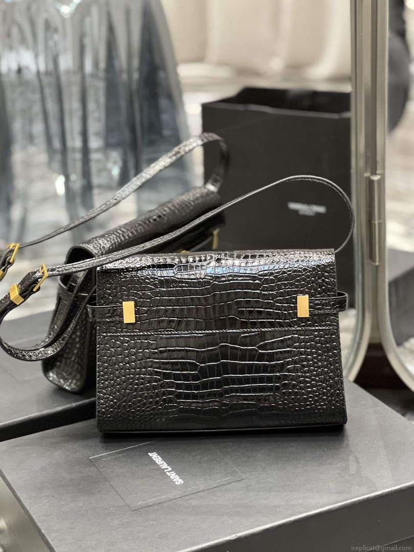 YSL 675626 Manhattan Small Shoulder Bag In Shiny Crocodile-Embossed Leather Black