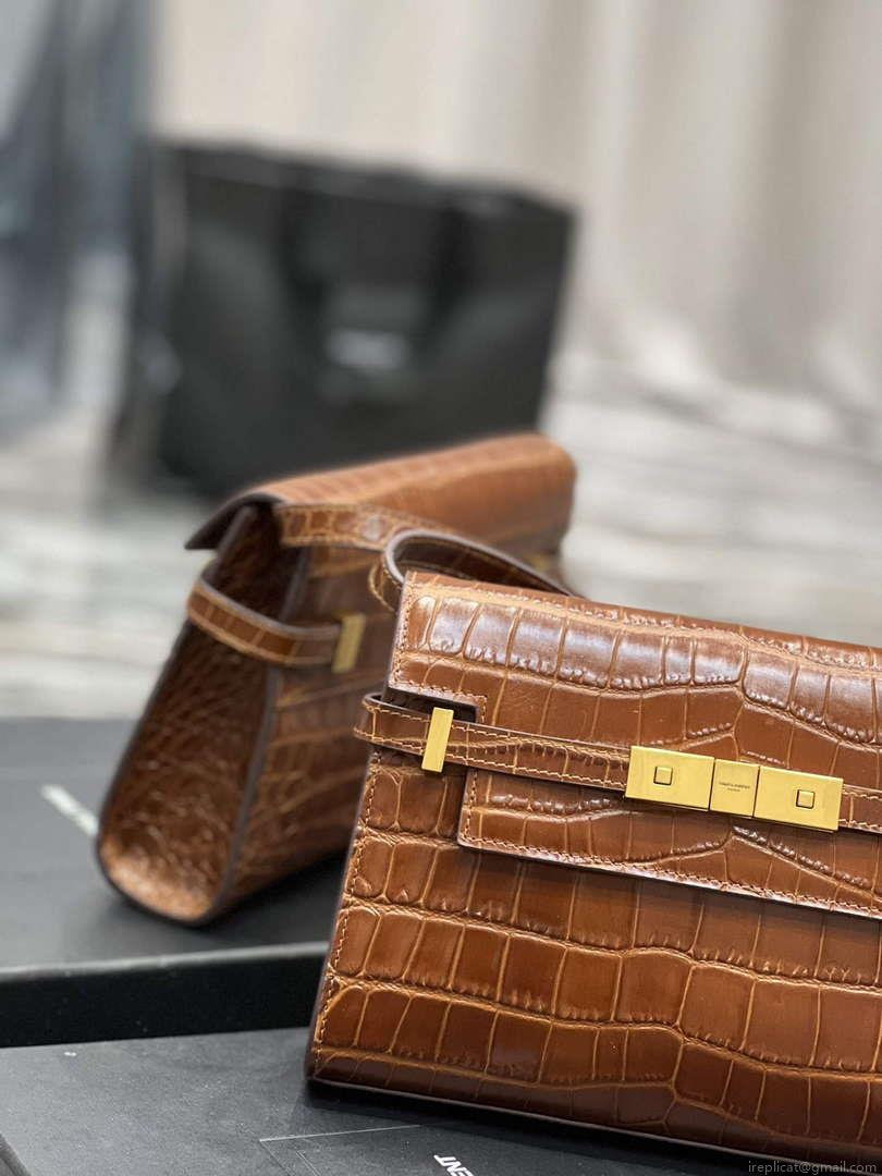 YSL 675626 Manhattan Small Shoulder Bag In Shiny Crocodile-Embossed Leather Caramel