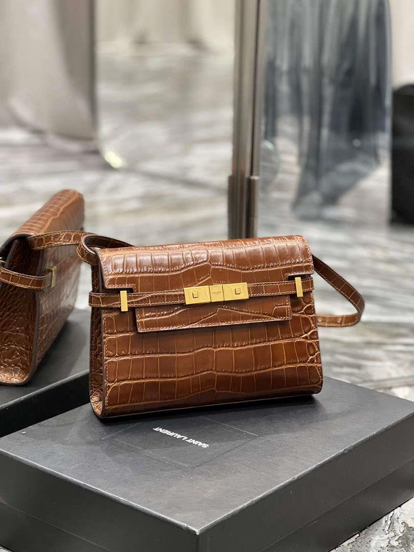 YSL 675626 Manhattan Small Shoulder Bag In Shiny Crocodile-Embossed Leather Caramel