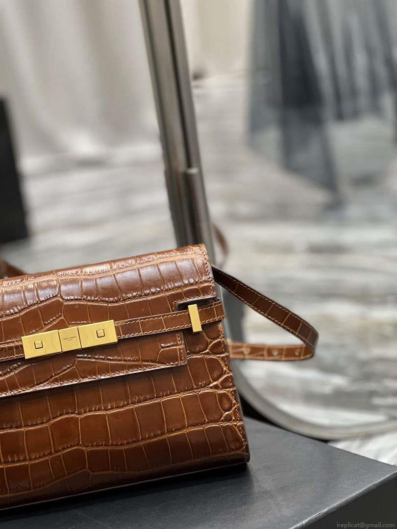 YSL 675626 Manhattan Small Shoulder Bag In Shiny Crocodile-Embossed Leather Caramel
