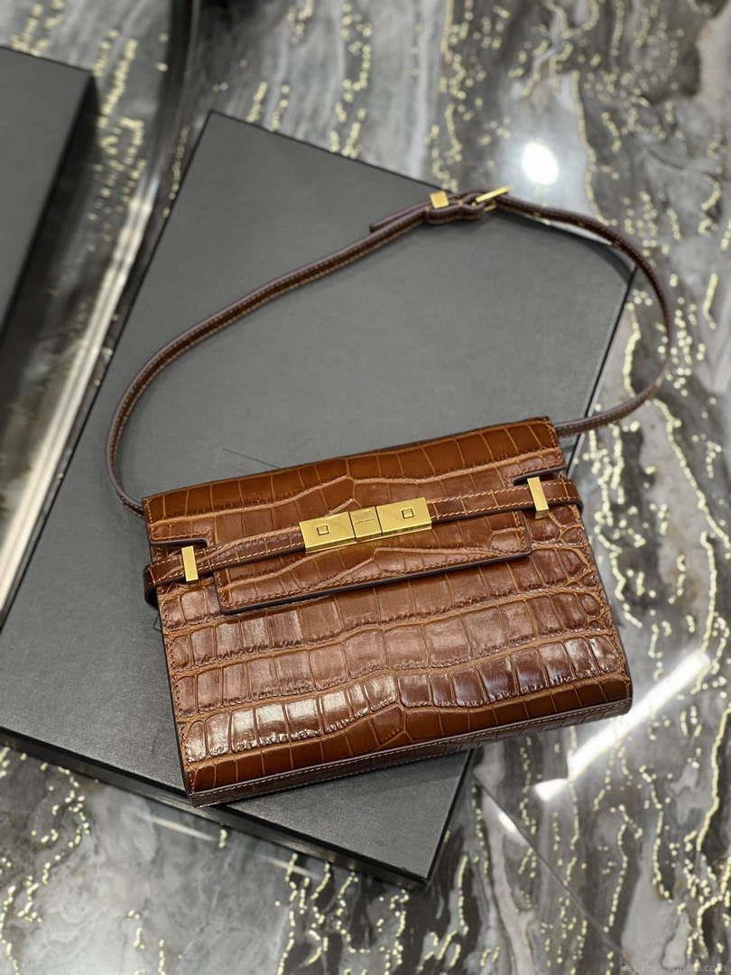 YSL 675626 Manhattan Small Shoulder Bag In Shiny Crocodile-Embossed Leather Caramel