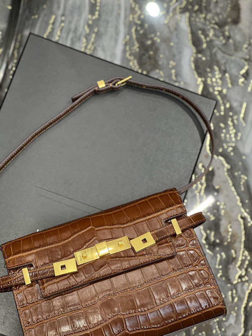 YSL 675626 Manhattan Small Shoulder Bag In Shiny Crocodile-Embossed Leather Caramel